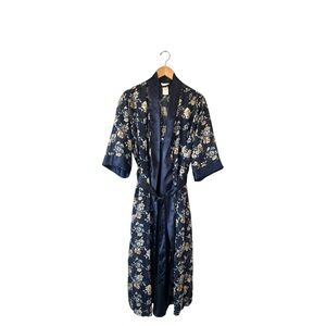 SECRET TREASURES Navy & Floral Satin Nightgown Robe 2 Piece Set Medium Cottage